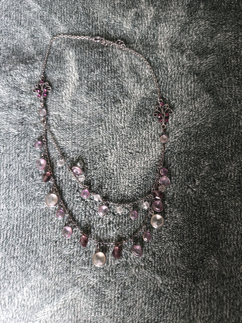Layered Silver Necklace with Purple and Clear Crystal Drops
